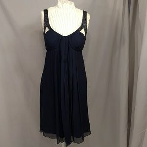 Sexy Silk Mini Dress Sheer Navy Blue Beaded Straps Plunge Neckline Party Evening